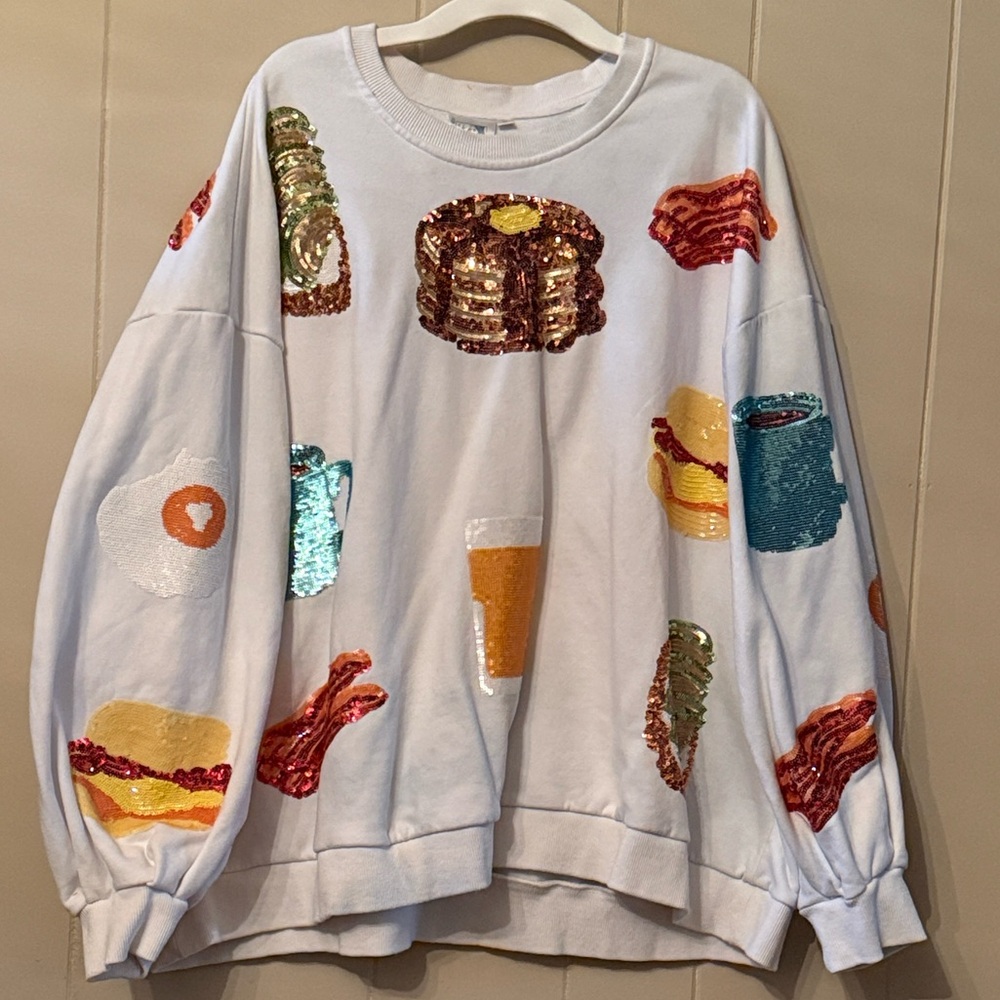 QUEEN OF SPARKLES Breakfast Sequin Sweater - White and Multicolor